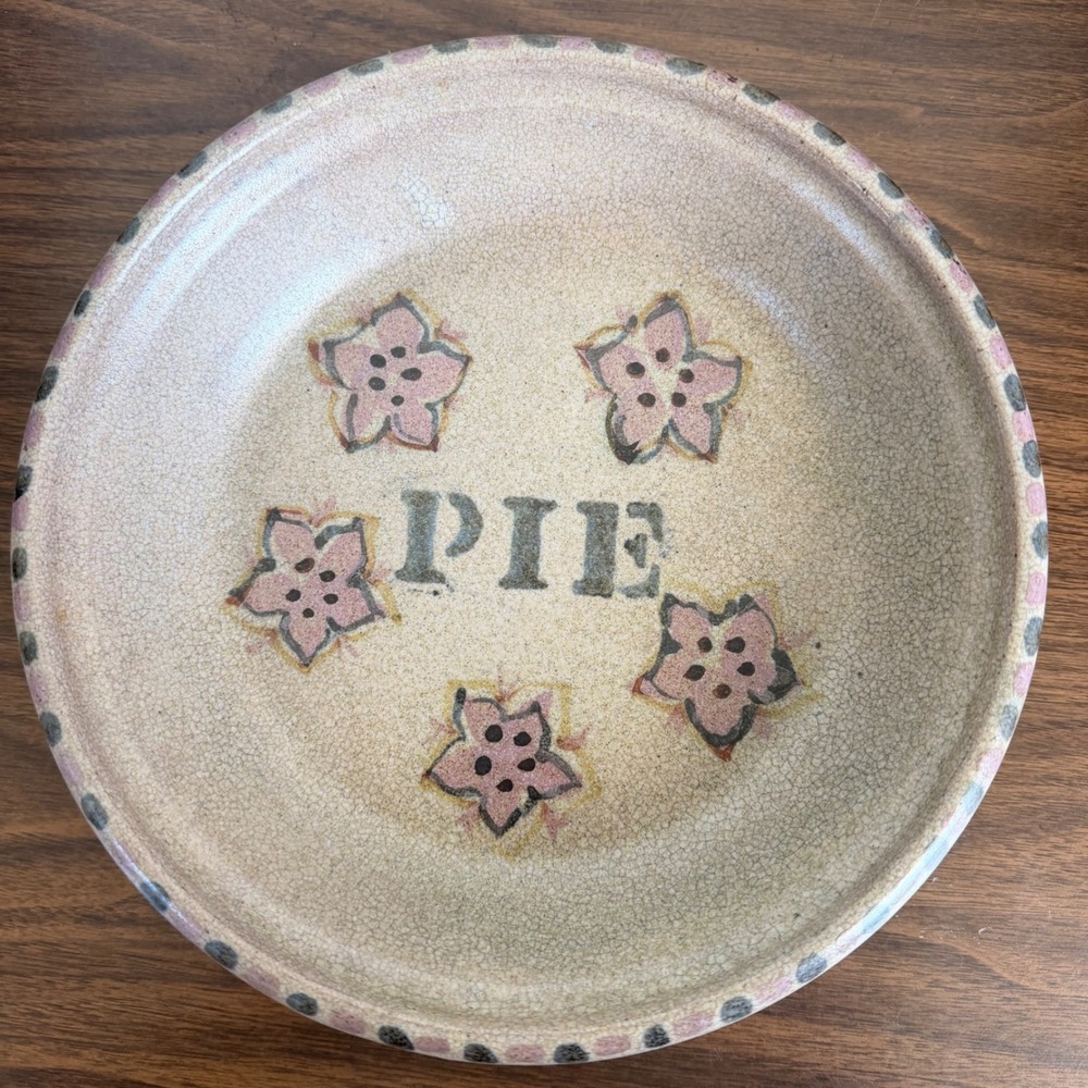 Vintage Studio Pottery Handmade Ceramic Pie Dish Floral Crackle Glaze Signed 9"